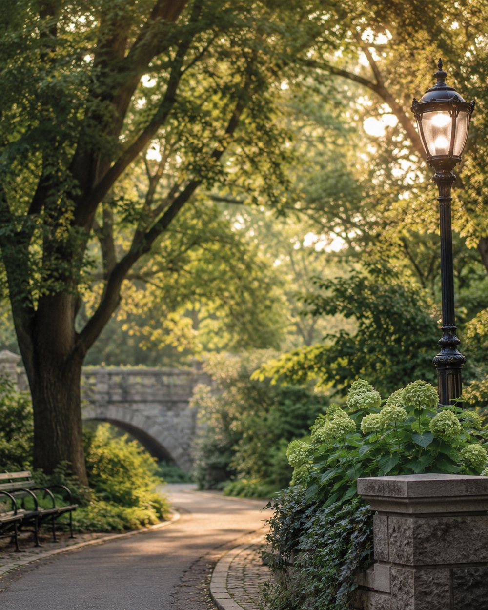 A winding path through Prospect Park, Brooklyn, with a stone bridge and lamppost at golden hour